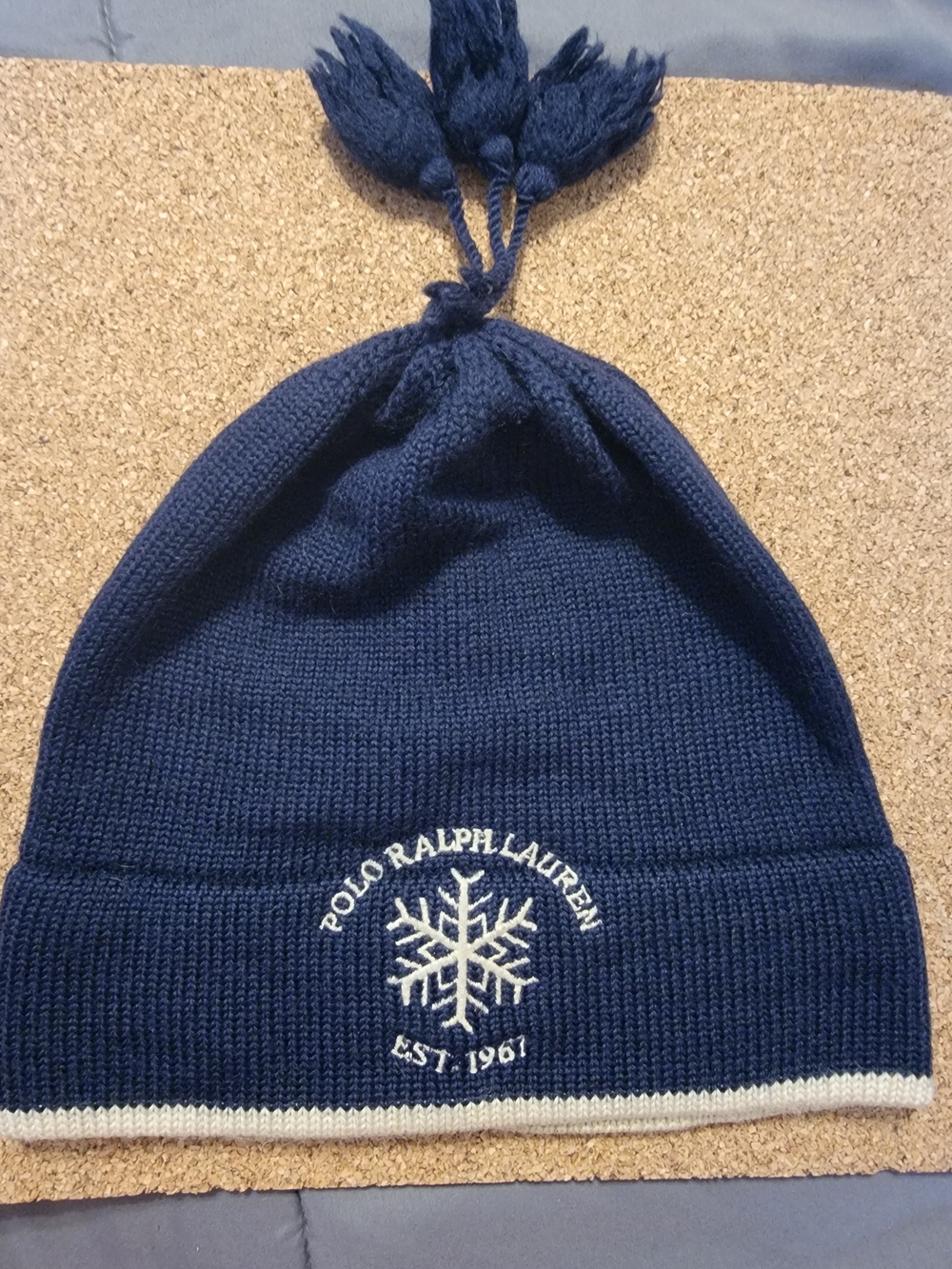 Ralph Lauren Navy Beanie with White Snowflake and Tassel Y2K vintage